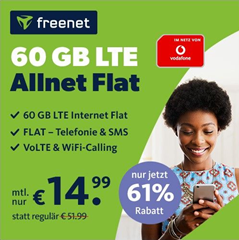 Bild zu 60GB LTE Daten, SMS und Sprachflat im Vodafone-Netz für 14,99€/Monat