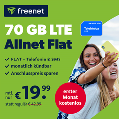 Bild zu [endet heute] 70GB LTE Allnet Flat mit SMS und Sprachflat im Telefónica Netz für 19,99€ im Monat – erster Monat kostenlos, dank Startguthaben – monatlich kündbar
