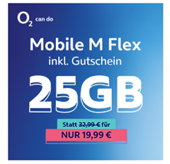 Bild zu o2 Mobile M Flex (25GB 5G Datenvolumen) für 19,99€ im Monat (monatlich kündbar) inkl. 40€ BestChoice Gutschein