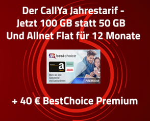 Bild zu Callya Jahrestarif mit 100GB, SMS und Sprachflat für 99,95€/Jahr + 40€ BestChoice Gutschein = effektiv somit 59,95€/Jahr