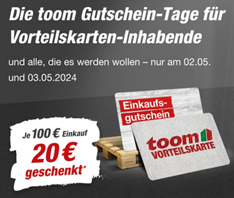 Bild zu [Aktion gestartet] am 02.05 und 03.05: je 100€ Einkaufswert eine 20€ Gutscheinkarte bei Toom